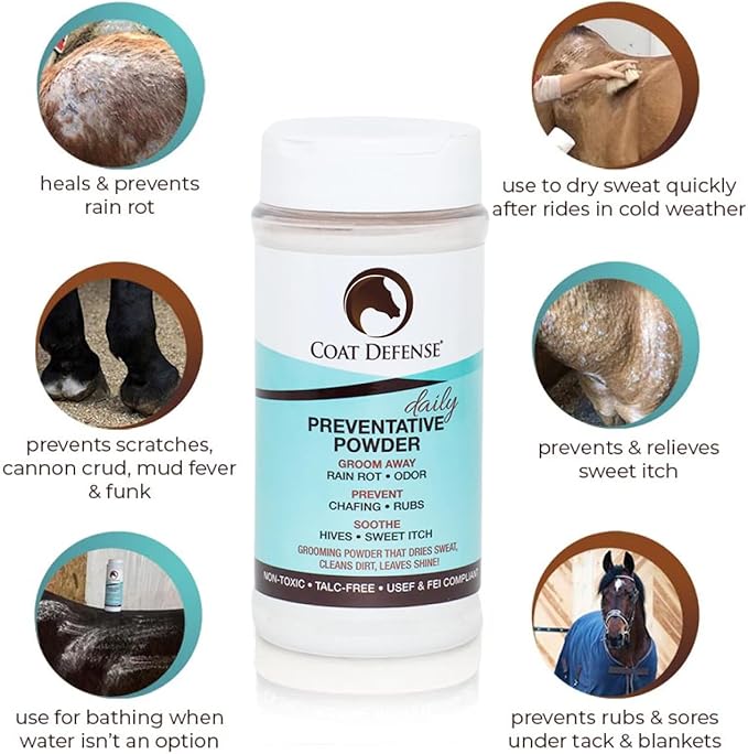 COAT DEFENSE Daily Preventative Powder for Horses - Safe & Effective Equine Skin Conditioner Sweet Itch, Skin Funk, & Rain Rot - Dry Horse Shampoo, 16 oz Formula with All Natural Ingredients-PawvioPets