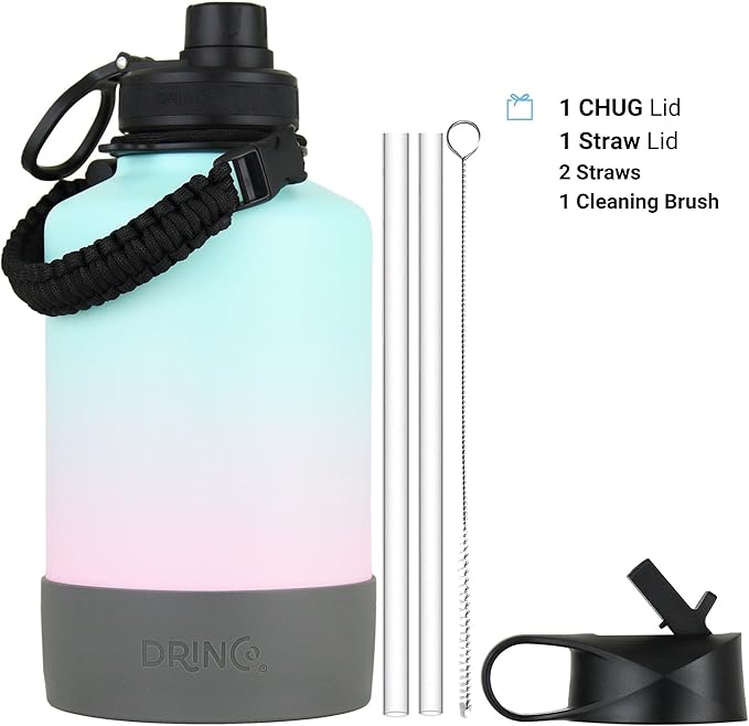 DRINCO Stainless Steel Water Bottle Spout Lid Vacuum Insulated Double Wall Water Bottle Wide Mouth (64oz 40oz 32oz 22oz 18oz 14oz) Leak Proof Keep Cold Sport Camping Hiking (64 oz, 64oz Macaron)-PawvioPets