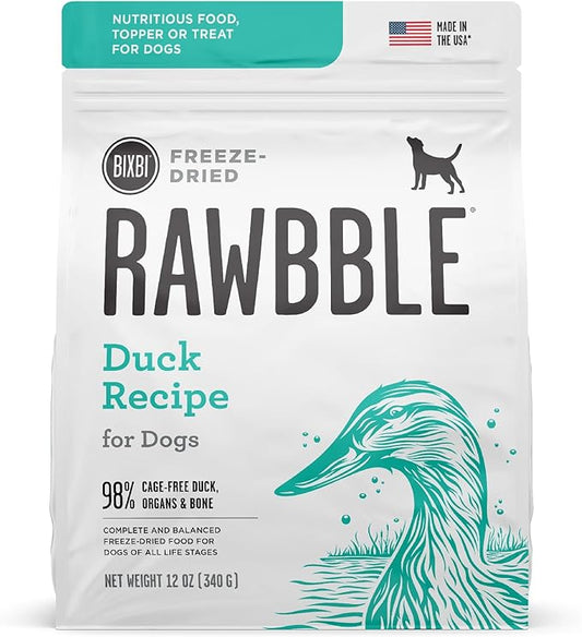 BIXBI Rawbble Freeze Dried Dog Food, Duck Recipe, 12 oz - 95% Meat and Organs, No Fillers - Pantry-Friendly Raw Dog Food for Meal, Treat or Food Topper - USA Made in Small Batches-PawvioPets