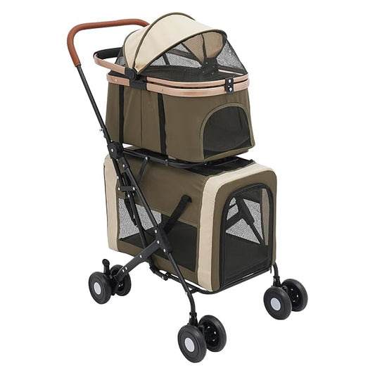2-Layers Pet Stroller for 2 Cats/Dogs,Foldable Lightweight 77lbs Capacity Carrier, 4 Wheels, Removable Basket & Storage Pocket,for Small Pets (Green)-PawvioPets