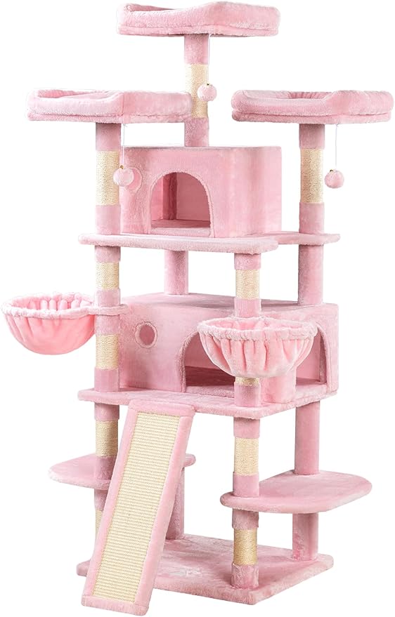 Allewie 68 Inches Cat Tree/House and Towers for Big Feline/Scratching Post/Multi-Level Large Kitty Climbing Tree with Condo/Pink-PawvioPets