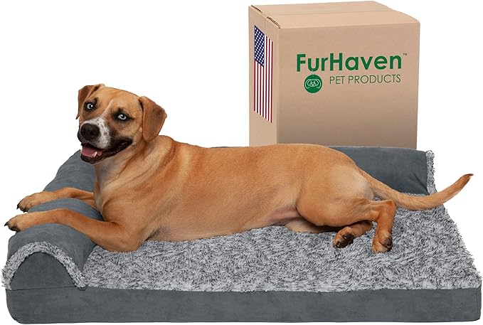 Furhaven Cooling Gel Dog Bed for Large/Medium Dogs w/ Removable Bolsters & Washable Cover, For Dogs Up to 55 lbs - Two-Tone Plush Faux Fur & Suede L Shaped Chaise - Stone Gray, Large-PawvioPets
