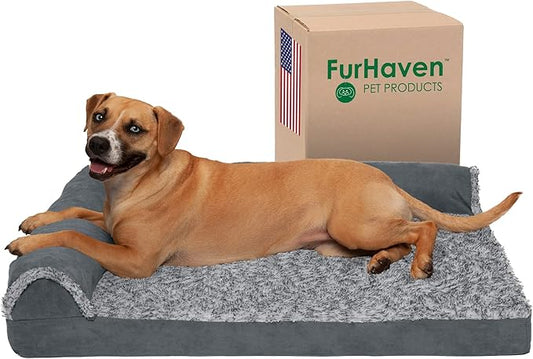 Furhaven Cooling Gel Dog Bed for Large/Medium Dogs w/ Removable Bolsters & Washable Cover, For Dogs Up to 55 lbs - Two-Tone Plush Faux Fur & Suede L Shaped Chaise - Stone Gray, Large-PawvioPets