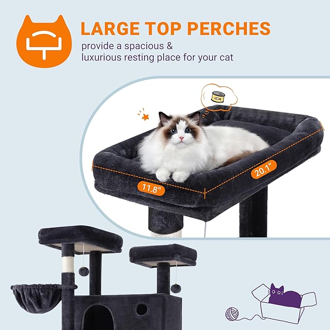 Allewie 81 Inches Tall Cat Tree/Multi-Level Large Climbing Tree House and Towers for Big Feline/Condo and Hammock/Scratching Post/Wide Base/Dark Grey-PawvioPets