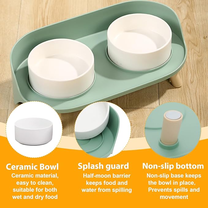 Elevated Dog Bowls Set, Ceramic Pet Food & Water Bowls with Non-Slip Stand, No Spill Design for Cats/Small Medium Dogs Green-PawvioPets