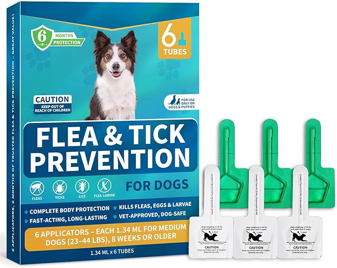 Flea and Tick Prevention for Dogs, 6-Month Supply Dog Flea and Tick Treatment Drops, Topical Fast-Acting Dog Treatment for Medium Dogs Up to 23 to 44 lbs-PawvioPets