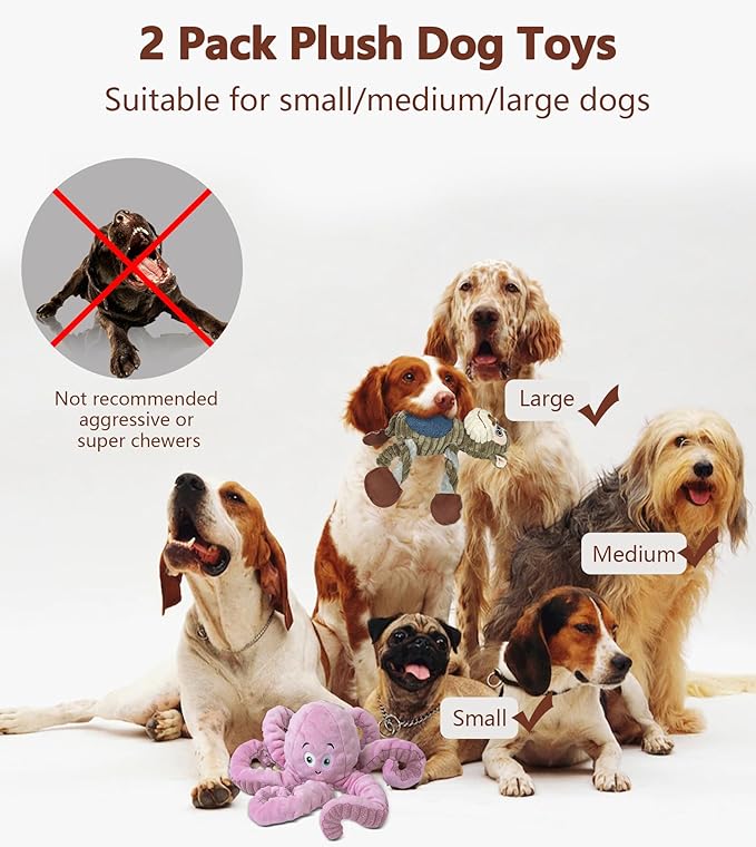 2Pack Dog Toys for Large Dog - Plush Squeaky Medium & Small Dog Toys - Stuffed Animals Puppy Toys - (Monkey+Octopus Pink)-PawvioPets