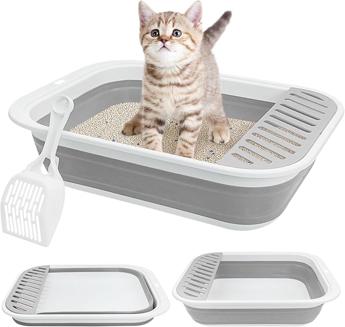 Fhiny Cat Litter Box Portable Shallow Litter Box 17.7"x13.4"x4.9" Foldable Cat Toilet with Scoop Open Kitty Potty Pan with Litter Drop Pedal Easy to Clean Travel Kitten Toilet(Gray)-PawvioPets