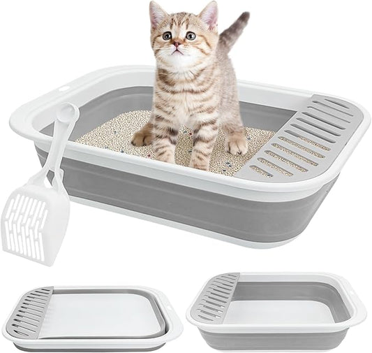 Fhiny Cat Litter Box Portable Shallow Litter Box 17.7"x13.4"x4.9" Foldable Cat Toilet with Scoop Open Kitty Potty Pan with Litter Drop Pedal Easy to Clean Travel Kitten Toilet(Gray)-PawvioPets