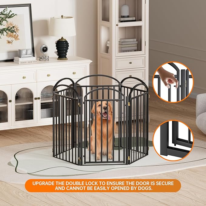 6 Panles Full Matel Freestanding Dog Gates with Door, 144"Extra Wide 36"Tall Free Standing Dog Pet Gate for Indoor & Outdoor. Foldable Pet Fences for Doorways, House, Stairs, Porch, Deck, Yard-PawvioPets