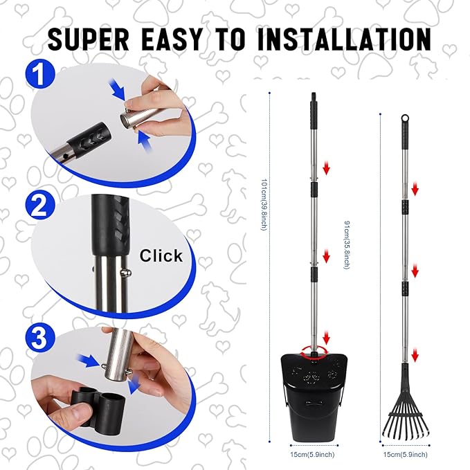 Dog Pooper Scooper with 20 Bag Attachment Long Handle Swivel Bin, Rake Heavy Duty Pooper Scooper for Large Medium Dogs Easy to Clean Poop Scooper for Yard, Grass, Gravel-PawvioPets