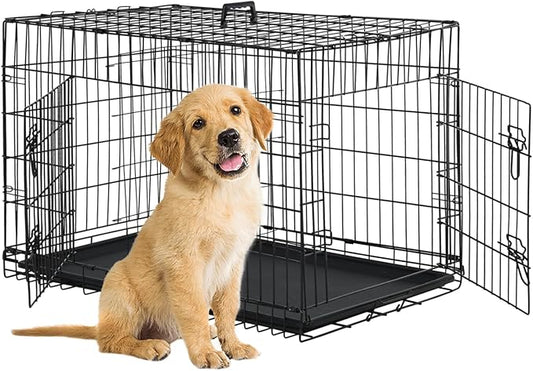 BestPet | Dog Crate | 24" | Black | Foldable Metal Kennel with Double Doors, Secure Slide-Bolt Latches, Leakproof Tray | Portable Dog Cage for Small Breeds | for Travel, Indoor & Outdoor Use-PawvioPets