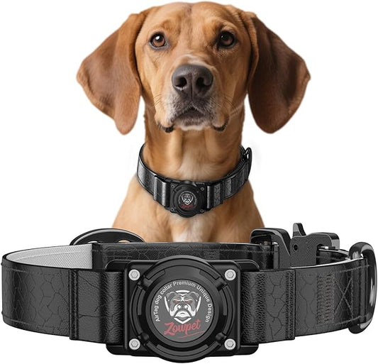 AirTag Dog Collar - Leather Dog Collar with Airtag Holder | IP68 Waterproof AirTag Holder with Metal Buckle, Comfortable GPS Dog Collars Tracker for Medium Large Dogs (Black, XL)-PawvioPets
