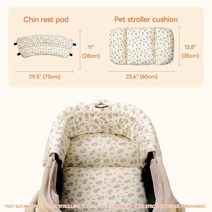 Dog Stroller Cushion & Mat, Pet Stroller Cushion for Dogs & Cats, 5-Level Waterproof & Removable Inner Core, Dog-Ergonomic 3-Zone Support, 4-inch Thickness (Flower Set)-PawvioPets