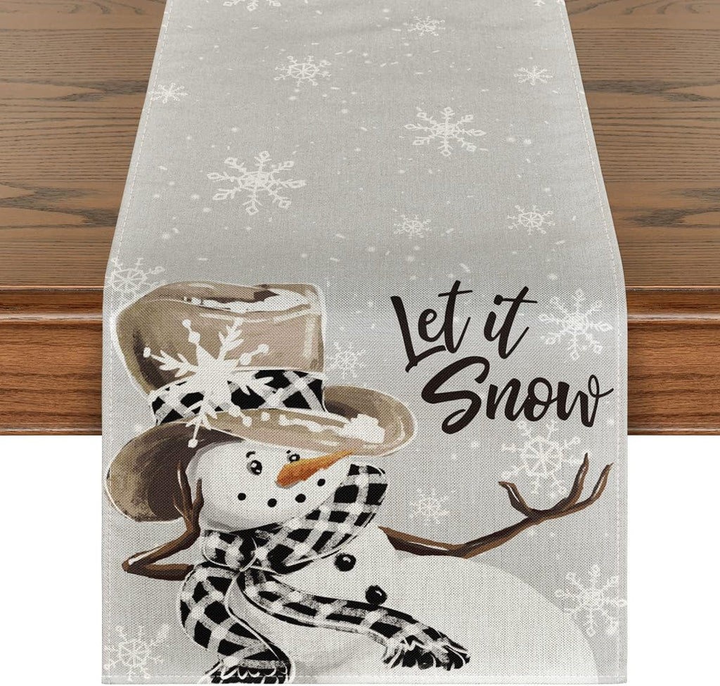 Artoid Mode Grey Snowman Snowflake Let it Snow Christmas Table Runner, Seasonal Winter Kitchen Dining Table Decor for Home Party Indoor 13x48 Inch