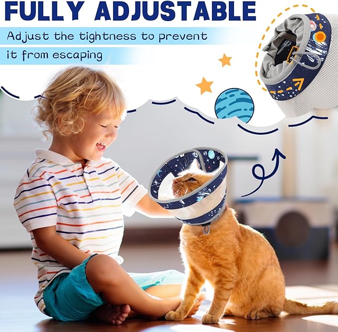 Breathable Air Mesh Cat Cone Collar Soft - Adjustable Recovery Collar to Stop Licking After Surgery, Foldable Lightweight E-Collar for Cats & Kittens (Sky Star, S)-PawvioPets