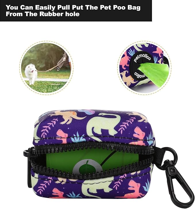 Attachment,Waste Bag Dispenser Zippered Pouch, Fits Any Leash, Includes Free Roll of Dog Bags, Poop Bag Dispenser - 2 Packs, Little Dinosaurs-PawvioPets