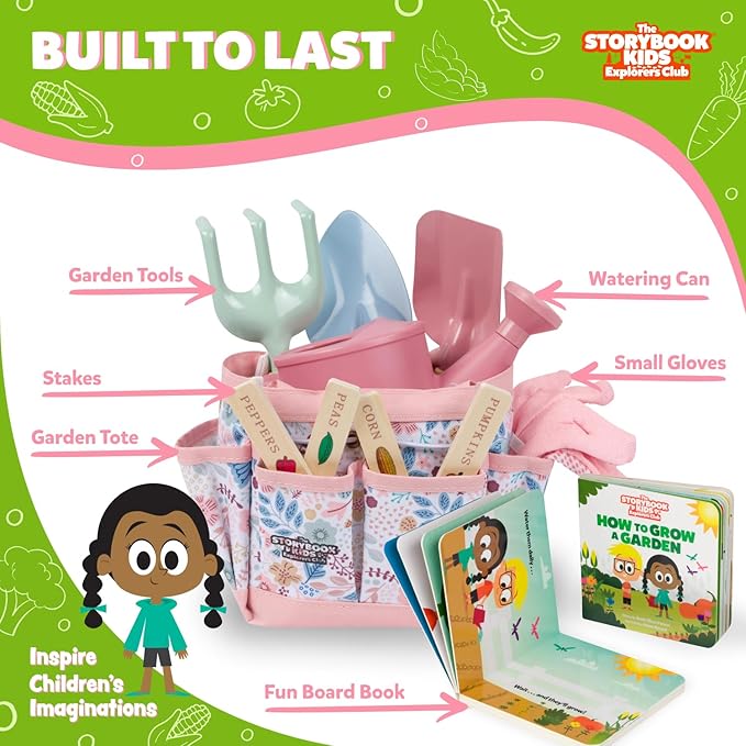 Floral Garden Kit Tools - Includes Sturdy Tote Bag, Watering Can, Gloves, Shovels, Rake, and Delightful Children's Book - Kids Garden Tool Set -Easter Gifts for Toddler Age on up-PawvioPets