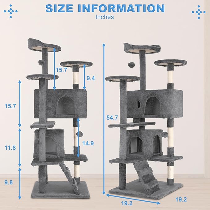 FDW Cat Tree 54in Cat Tower Multi-Level Durable Cat Scratching Post & Cozy Fun Cat Jumping Platform Space Saving Cat Condo Pet Play House for Indoor Cats,Light Gray-PawvioPets