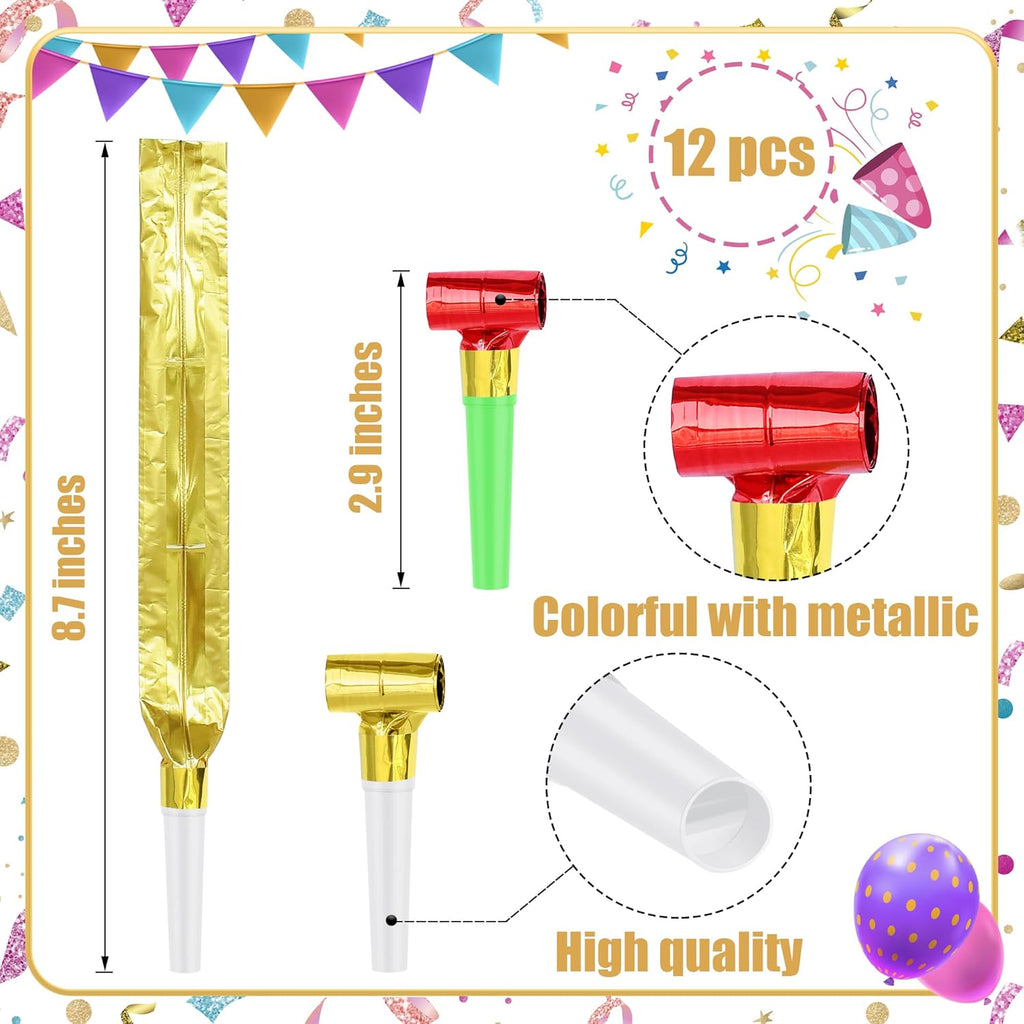 12 Pcs Party Blower Colorful Blowouts Noisemakers Birthday Blowouts Whistles for Party Favors(Colorful Metallic Roll)