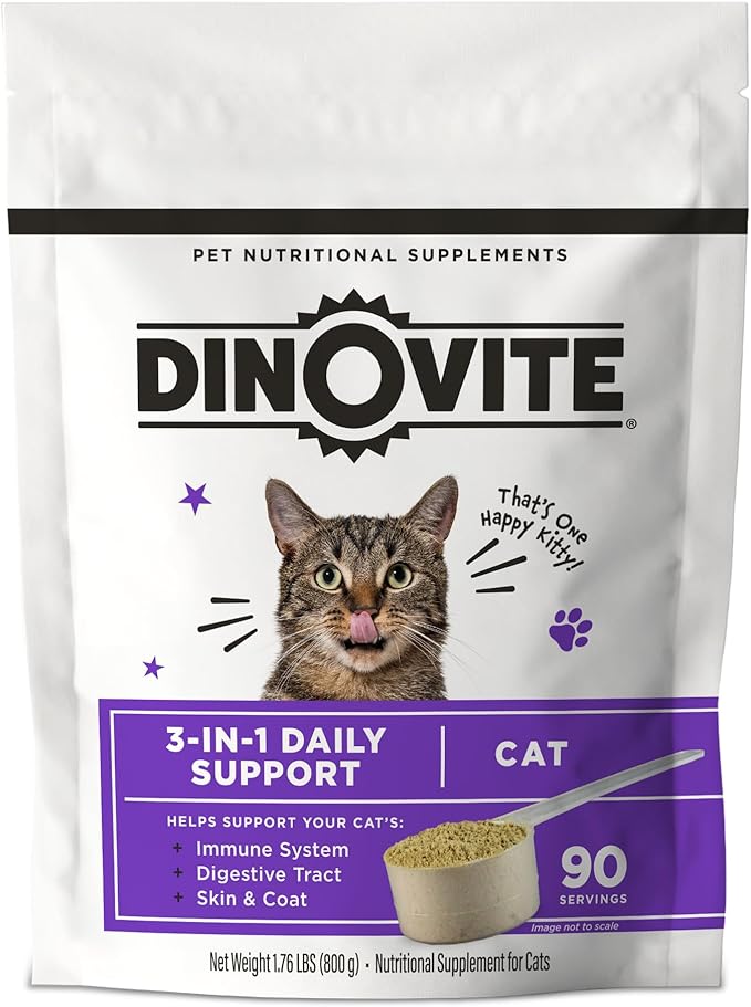 Dinovite for Cats Supplement - Immune + Digestive, Skin + Coat Support, Vitamins, Minerals, Omega 3, Enzymes, Probiotics. Reduces Shedding, Dry Skin, Itching, Stinking, Bald Spots, Seasonal Issues-PawvioPets