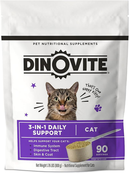 Dinovite for Cats Supplement - Immune + Digestive, Skin + Coat Support, Vitamins, Minerals, Omega 3, Enzymes, Probiotics. Reduces Shedding, Dry Skin, Itching, Stinking, Bald Spots, Seasonal Issues-PawvioPets