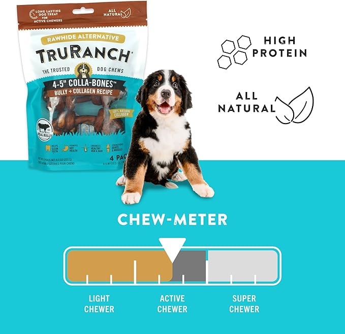 4-5" Collagen Bones, Bully - Collagen Dog Bones - Long Lasting Healthy Joint Support Dog Treat - Rawhide Alternative - Skin & Coat Health, 1 Bag, 4 Count-PawvioPets