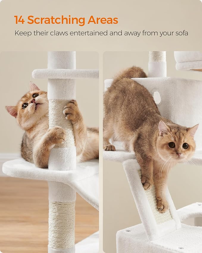 Feandrea Cat Tree, 66.1-Inch Large Cat Tower with 13 Scratching Posts, 2 Perches, 2 Caves, Basket, Hammock, Pompoms, Multi-Level Plush Cat Condo for Indoor Cats, Cream White UPCT165T01-PawvioPets