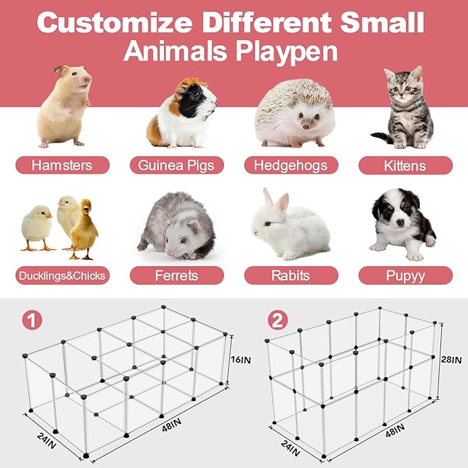 24 Panels Portable Small Animals Playpen,48"x 24"x 28" Transparent Pet Playpen,Portable Plastic Enclosure,Puppy Play Pen for Indoors Outdoor Pet Fence for Guinea Pigs,Bunny,Ferrets,Hamsters,Hedgehogs-PawvioPets