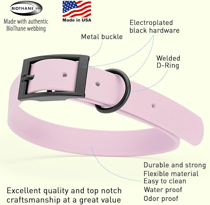 Dogline Biothane Waterproof Dog Collar Strong Coated Nylon Webbing with Black Hardware Odor- Proof for Easy Care Easy to Clean High Performance Fits Small Medium or Large Dogs, Pastel Purple-PawvioPets