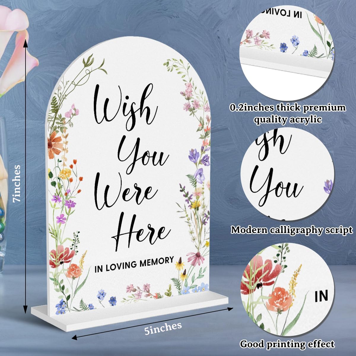 Acrylic Wedding Signs, Wish You Were Here Signs for Marriage Reception, Bridal Shower Decorations, Modern Arched Round Top Acrylic Table Top Sign with Holder for Wedding Party (White Wildflowers)