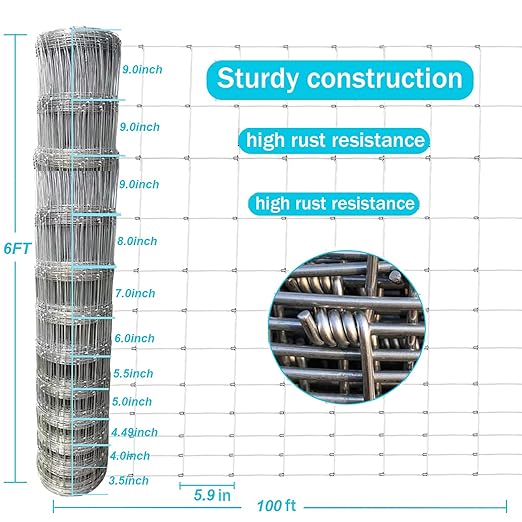 Farm Fence 6ft x 100ft Heavy Zinc Coating Field Wire Fencing, Deer Fence, Galvanized Livestock Fence,Goat Fence,Hog Wire Fencing, Garden Fencing Used to Yard and Garden-PawvioPets