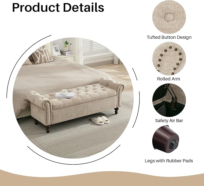 58.1'' Storage Bench Upholstered Chenille End of Bedroom Bed Bench Ottoman with Tufted Cushioned Rolled Arm Large Storage Space for Reading Living Room Entryway, Light Brown-PawvioPets