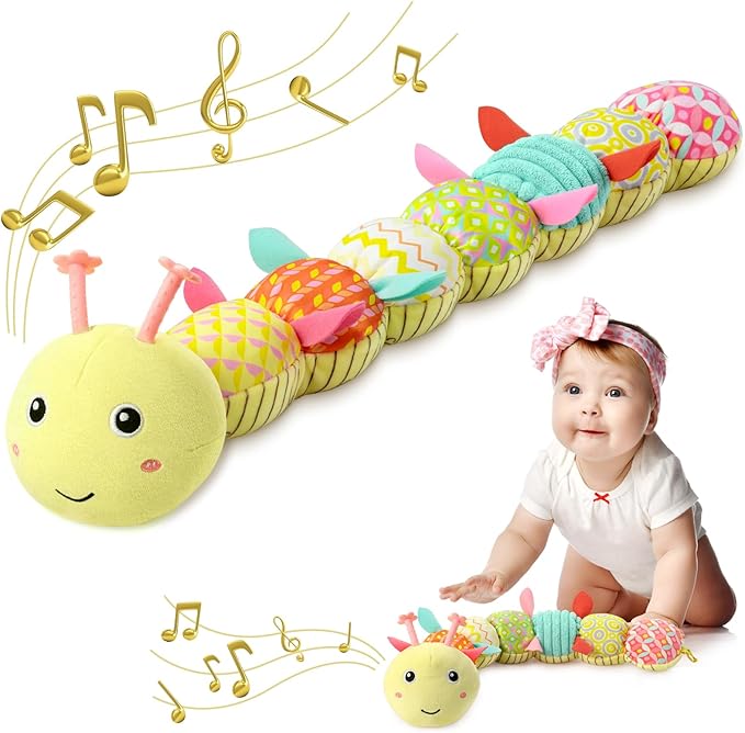 Baby Toys 0 to 12 Months, Musical Stuffed Animal Activity Soft Toys with Multi-Sensory Crinkle, Rattle and Textures, Infant Tummy Time Toys for Newborn Boys Girls, Caterpillar, Yellow-PawvioPets