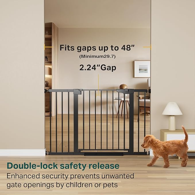Cumbor 2 Pack 29.7"-48" Baby Gate for Stairs, Mom's Choice Awards Winner-Dog Gate for Doorways, Pressure Mounted Auto-Close Pet Gates for Dogs Indoor, Safety Child Gate with Easy Walk Thru Door,Black-PawvioPets