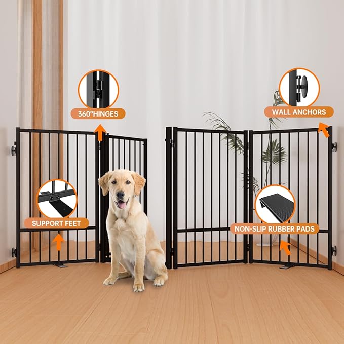 Full Metal Freestanding Dog Gate with Door, 32''Height Foldable Pet Dog Fence for Indoor & Outdoor, 4 Panels Extra Wide Free Standing TallDog Gates for Doorways,House,Stairs,Porch,Deck,Yard-PawvioPets
