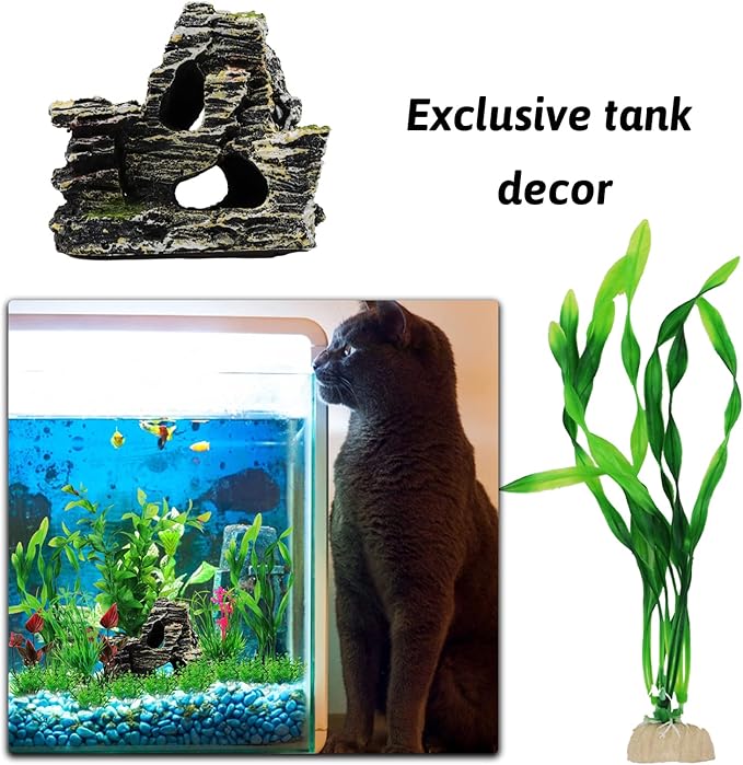 Fish Tank Accessories Aquarium Decorations Rock Plants, 20pcs Green Fish Tank Decorations Plants and Cave Rock Decoration Decor Set, Fish Tank Decor, Aquarium Decor Plastic Plants-PawvioPets