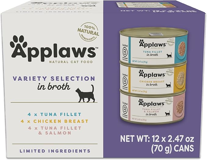 Applaws Natural Wet Canned Cat Food, Made with Limited and Natural Ingreidents, Real Protein with No Artificial Additives, Variety Pack in Broth (12 x 2.47oz Cans)-PawvioPets