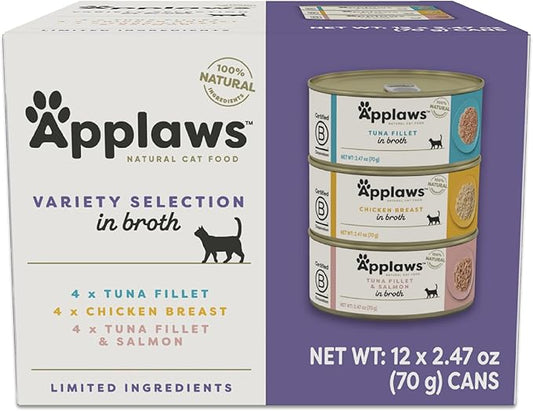 Applaws Natural Wet Canned Cat Food, Made with Limited and Natural Ingreidents, Real Protein with No Artificial Additives, Variety Pack in Broth (12 x 2.47oz Cans)-PawvioPets