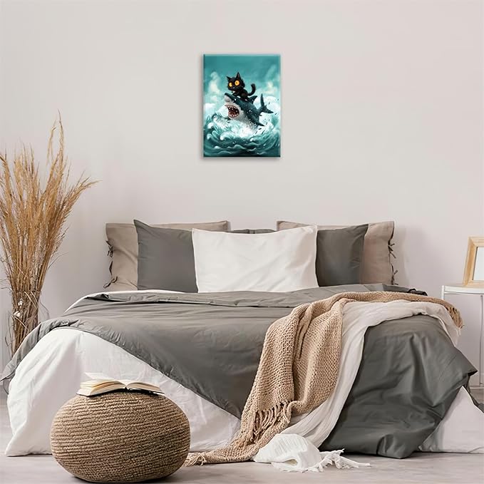 Funny Black Cat Bathroom Wall Art Cute Cat Riding Shark Canvas Wall Decor Animal Kitten Pictures Painting Print Artwork Framed Decorations Gifts for Cat Lover Kids Room Bedroom 16"x20"-PawvioPets