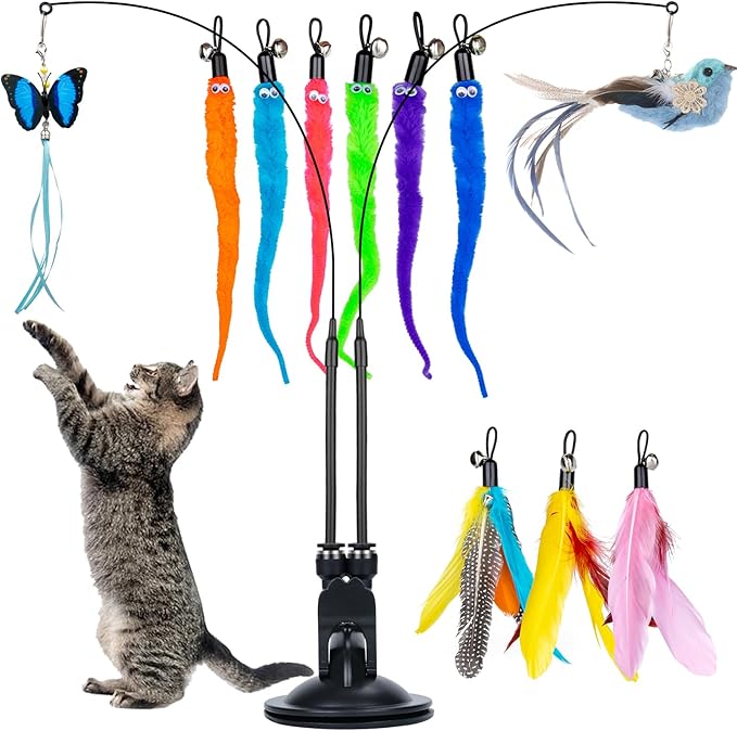 Cat Feather Toys, 14PCS With 2 Slots Super Suction Cup, Detachable 2PCS Wand & 11PCS Replacement Teaser Refills With Bell, Interactive Toy for Indoor Cats Kitten Play Exercise-PawvioPets
