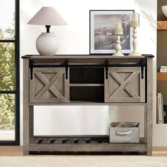 Entryway Table with Storage, Farmhouse Buffet Cabinet Coffee Bar Kitchen Island with Sliding Barn Doors & Shelves, Console Table for Kitchen, Dining Room, Living Room, Grey-PawvioPets