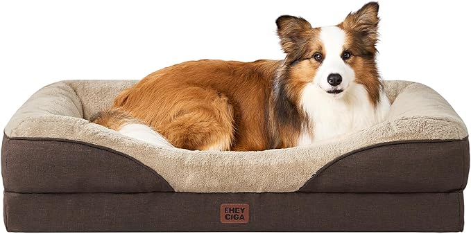 EHEYCIGA Memory Foam Dog Bed for Large Sized, Orthopedic Dog Sofa with Sides and Waterproof Liner, Washable Bolster Pet Couch with Removable Cover, 41x27x7.5 Inch, Brown-PawvioPets