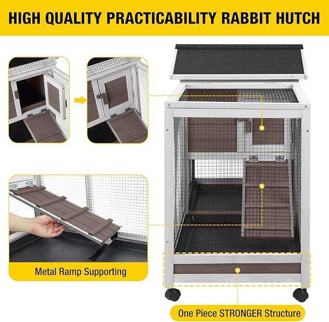 Aivituvin Rabbit Hutch 62" Rabbit Cage Indoor Outdoor Chicken Coop Guinea Pig Cage on Wheels Bunny Cage with 3 Deep No Leakage Pull Out Tray,Waterproof Roof (Brown)-PawvioPets
