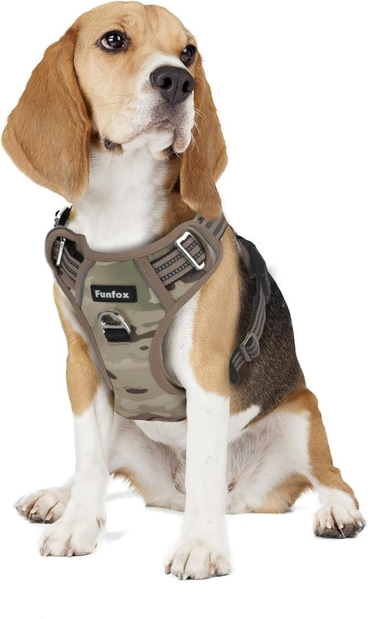 Funfox Dog Harness No Pull, Adjustable Pet Vest Harness, Super Soft Material with Vertical Handle Easy Control, Reflective Night Walking, 2 Leash Clips for Medium Sized Dogs, Camo Brown, M-PawvioPets