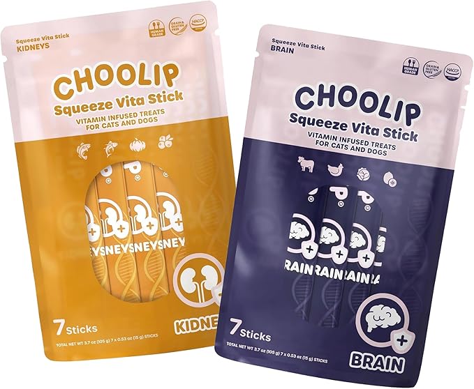 Bundle | Kidney + Brain Pouches. 14 Squeeze Vita Sticks (7 Kidney + 7 Brain) with Essential multivitamins. [Both Products are for Cats & Dogs of All Life Stages]-PawvioPets
