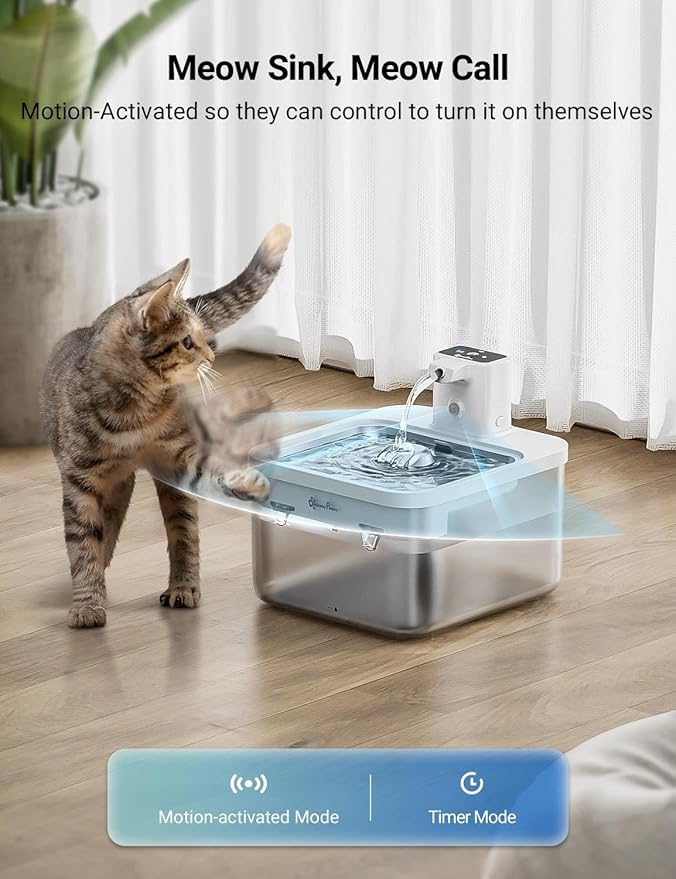 DownyPaws Battery Operated Cat Water Fountain Stainless Steel, 84oz/2.5L Fursink Wireless Pet Water Fountain for Cats Inside, Automatic Dog Water Dispenser with Faucet, Quiet Pump, BPA-Free, White-PawvioPets