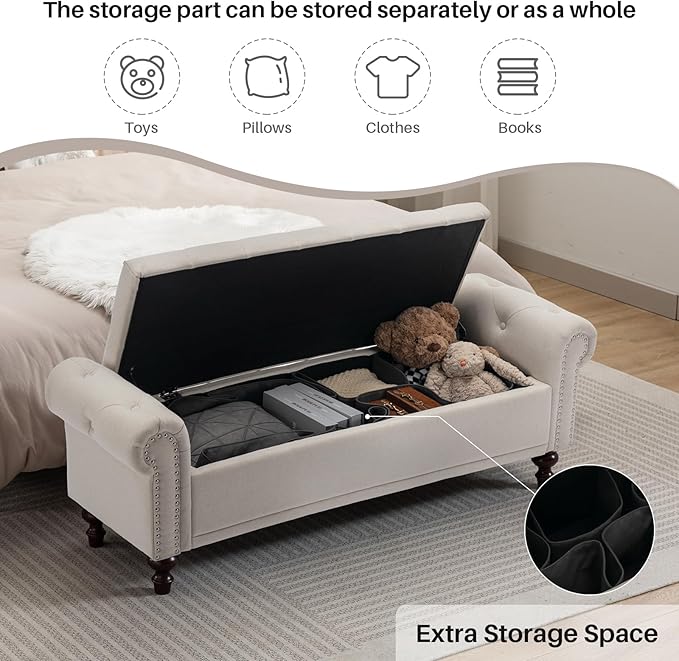 58.1'' Storage Bench Upholstered Linen End of Bedroom Bed Bench Ottoman with Tufted Cushioned Rolled Arm Large Storage Space for Reading Living Room Entryway, Beige-PawvioPets