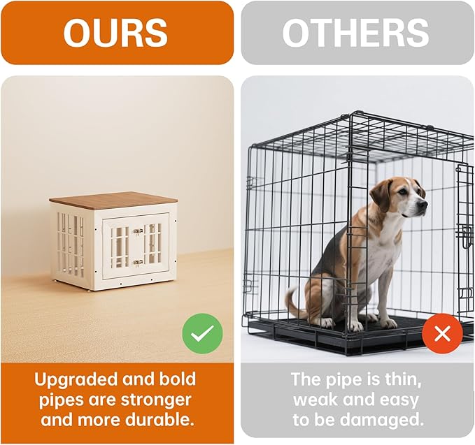 26" Heavy Duty Dog Crate Furniture for Small,Medium and Large Dogs,Rustic Wooden Dog Cage Kennel Indoor Furniture with Waterproof Top,Decorative Pet House Side End Table (White & Wood)-PawvioPets