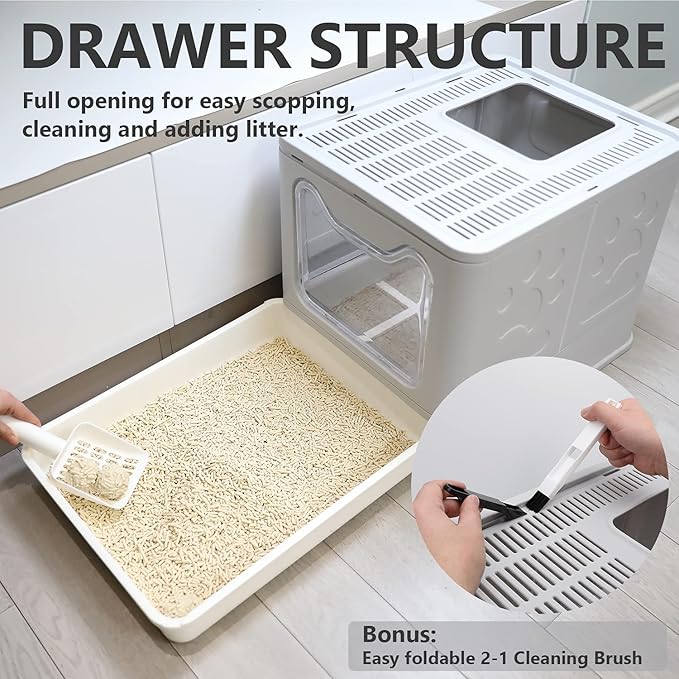 Foldable Cat Litter Box with Lid, Enclosed Potty, Large Top Entry Anti-Splashing Toilet, Easy to Clean Including Litter Scoop and 2-in-1 Cleaning Brush (Grey)-PawvioPets